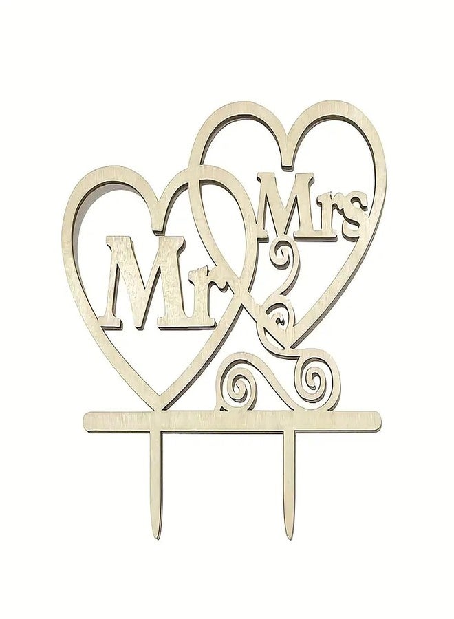Cliths Wooden Mr & Mrs Cake Topper for Wedding Engagement Double Heart Rustic Wood Cake Decoration Bride Groom Party Supplies Mr and Mrs Cake Topper for Anniversary, 5.31x5.24 Inch - Image 1